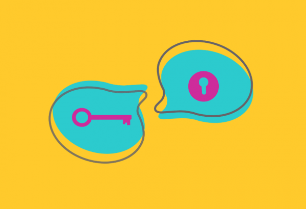 yellow and blue graphic of a lock and key